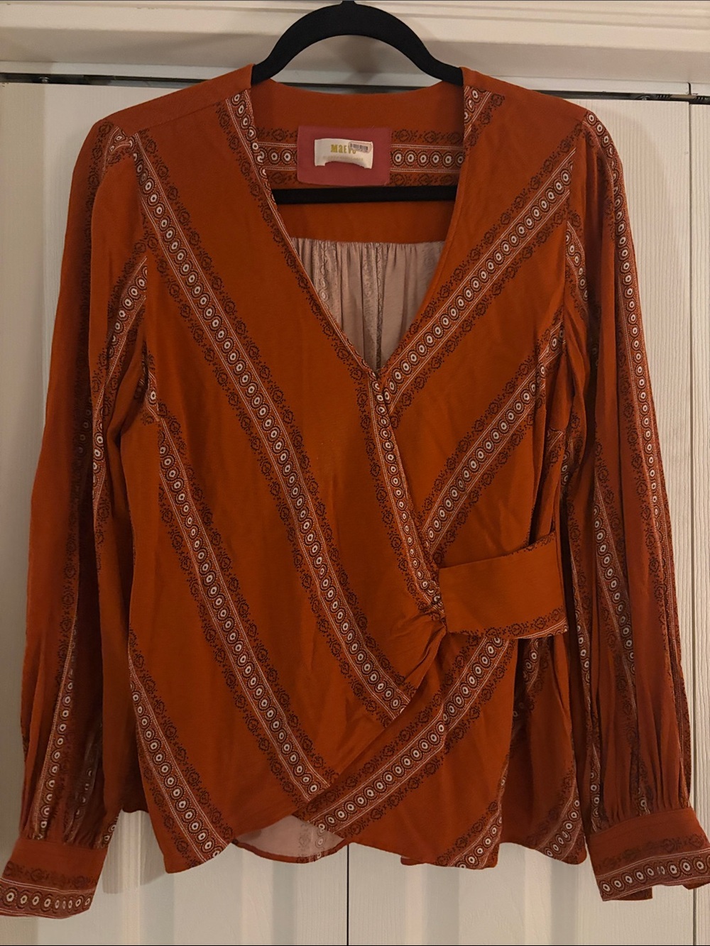 Maeve Rust Wrap Blouse with Printed Trim